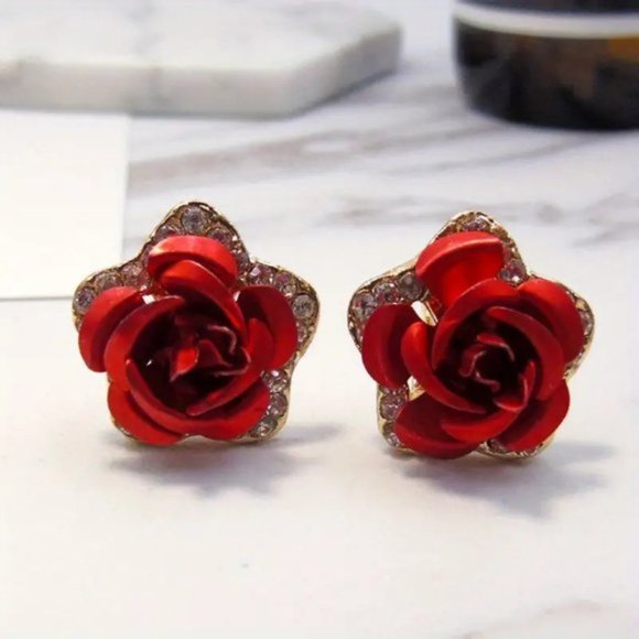 Jewelry - Rose Stud Earrings Simulated Coral Rose Crystal Gold Plated Red New